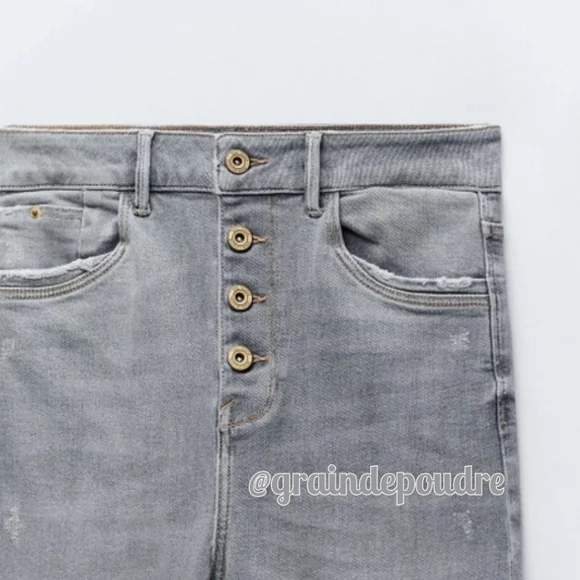 New! Zara Light Gray Button Fly Skinny Cropped Jeans 34 2 - Picture 3 of 3